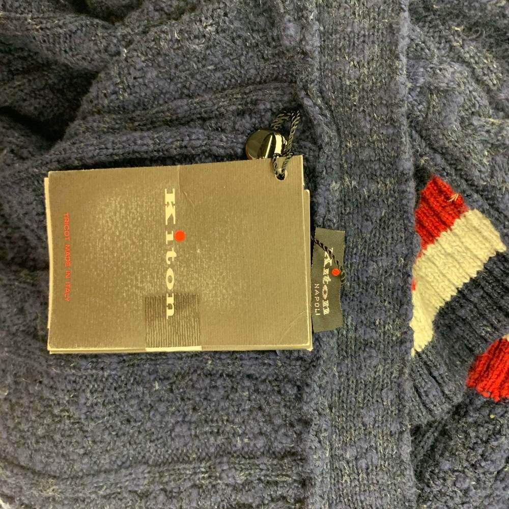 KITON Navy Red & White Contrast Stitch Cotton V-Neck Cardigan - Picture 5 of 5